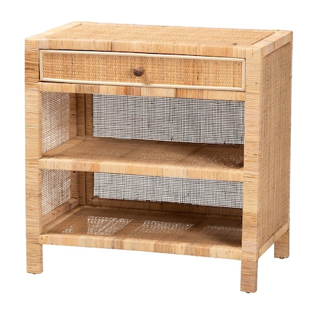 Baxton Studio Bella Modern Bohemian Natural Brown Mahogany Wood and Natural Rattan 1-Drawer Console Table 226-13096-ZORO